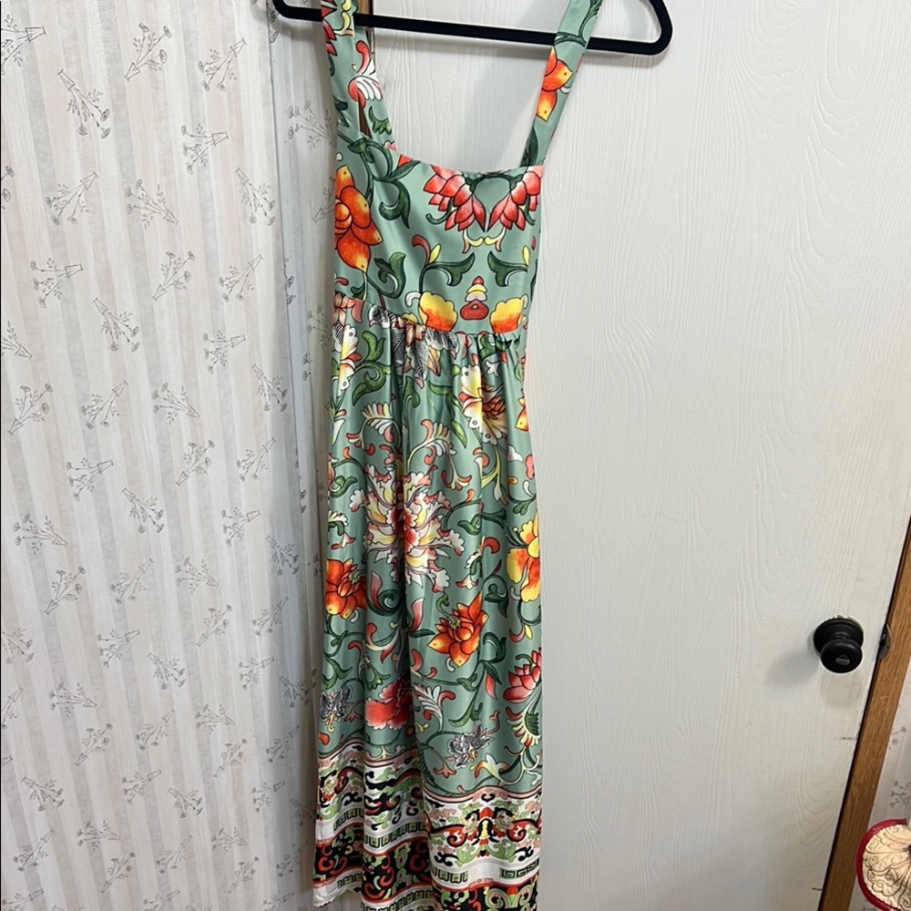 Vibrant Green and Orange Spaghetti Strap Maxi Dress